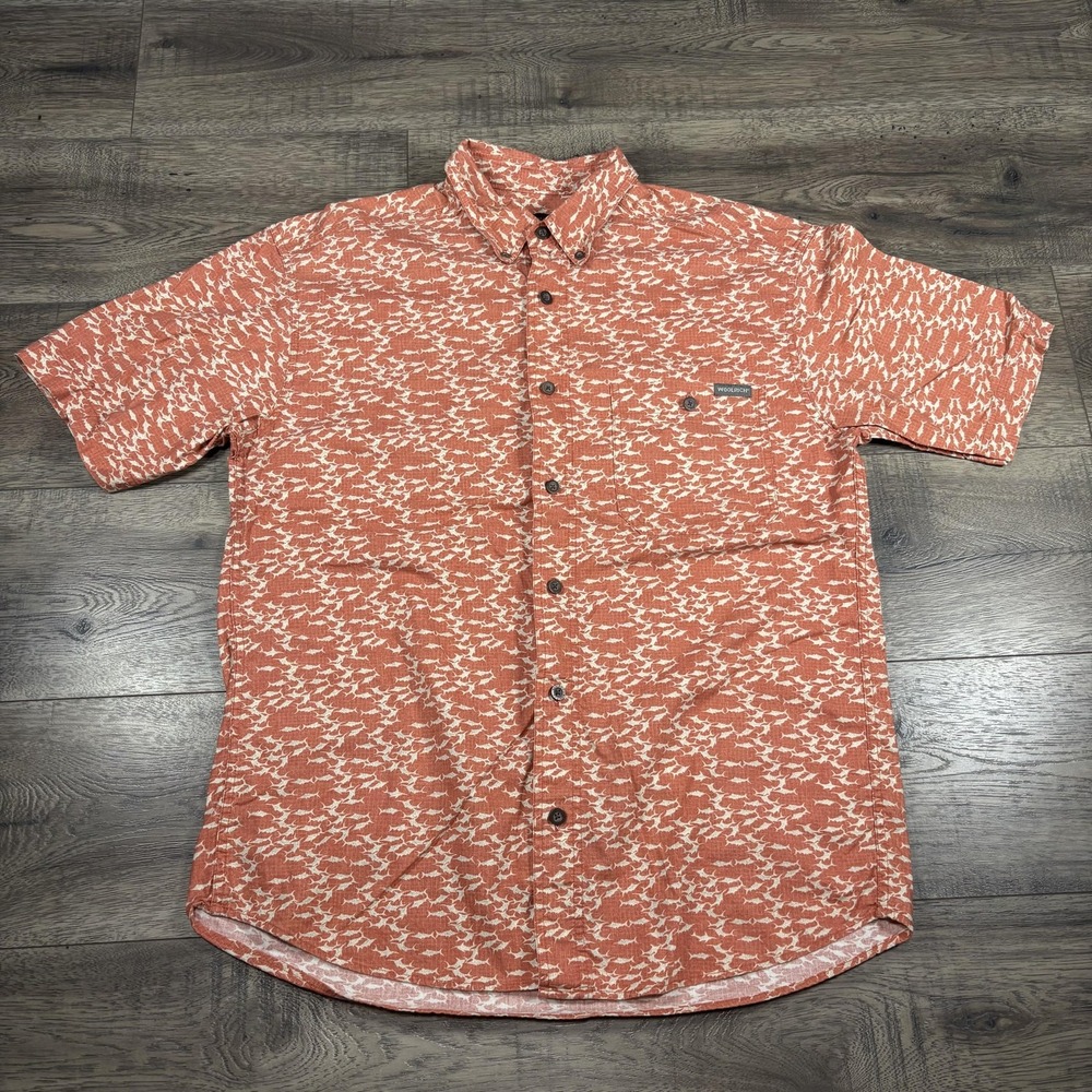 Woolrich Shirt Mens Medium Salmon Pink Swordfish Button Up Short Sleeve Y2K